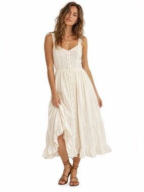 Pegasus Vintage 90s Crinkle Cotton Prairie Midi Dress Faux Pearl Buttons